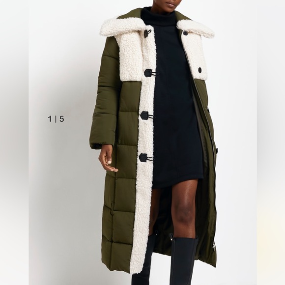 Khaki faux borg longline puffer coat - Picture 6 of 7